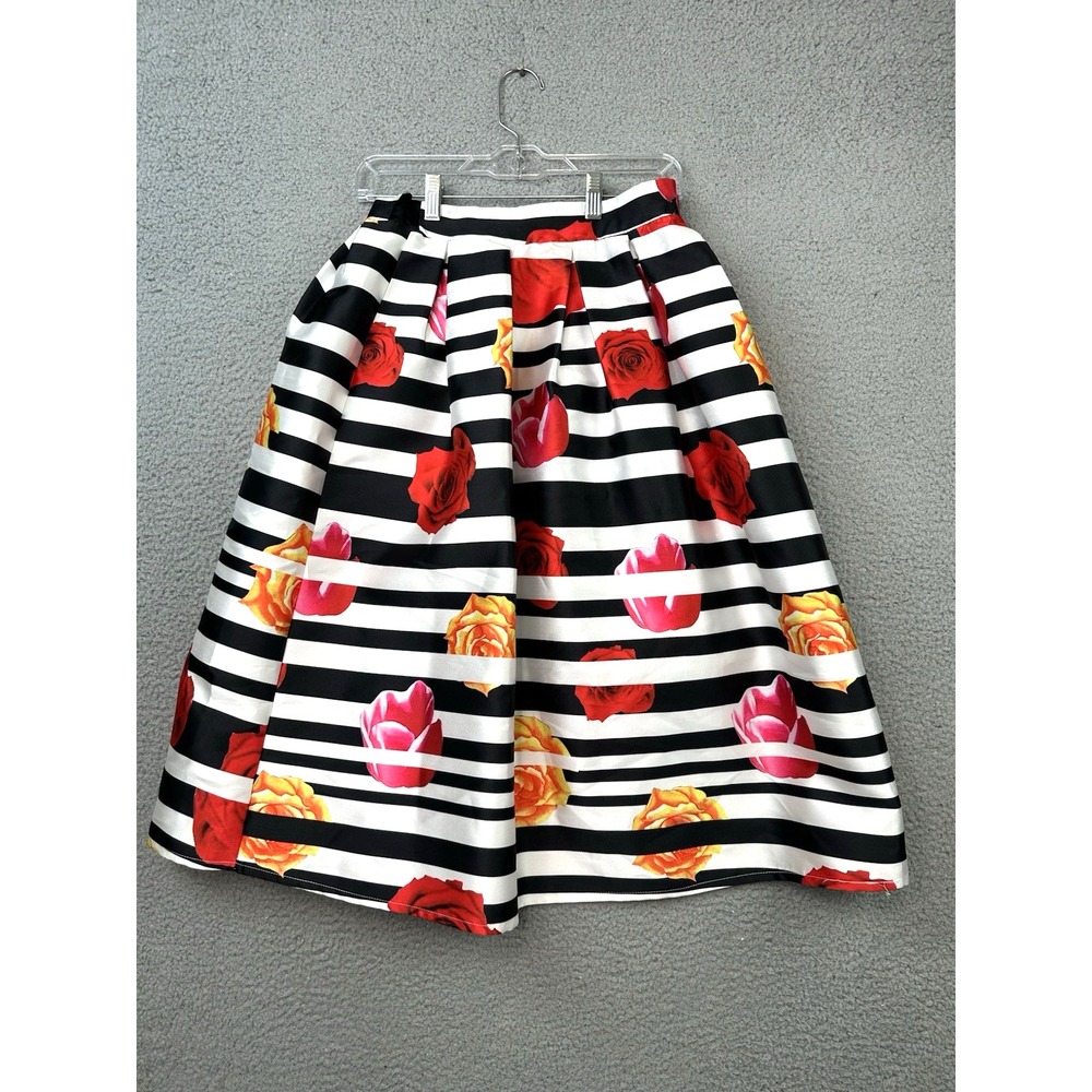 Rockabilly Black White Striped Floral Midi Skirt 50s Pleated Cabbage Rose Small